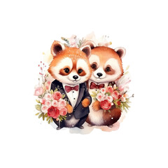 Fototapeta na wymiar Love in Bloom: Red Pandas and Watercolor Petals Cute Couple Red Panda flower