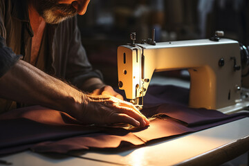 Close up of a man's hands sewing on a sewing machine.