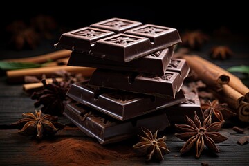 Chocolate, cocoa powder, cinnamon and anise on a black background
