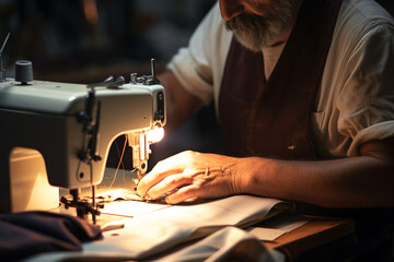 Close-up of a tailor working on a sewing machine in his workshop - obrazy, fototapety, plakaty