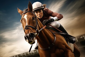 Young woman riding a horse on a sports equestrian event - Powered by Adobe