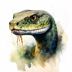 green snake head, watercolor illustration