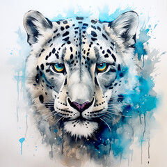 snow leopard head, watercolor illustration