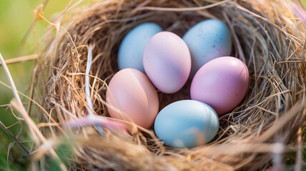 A nest of dry hay with pastel colorful Easter eggs, lying in the green grass. Natural Easter decoration.