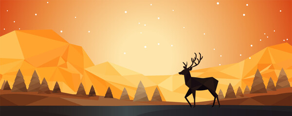 Beautiful abstract low poly wireframe Christmas landscape in gold tones. Amazing golden mountains, snowflakes, trees, deer with antlers. Design for Christmas and New Year.