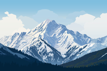 Fototapeta na wymiar Amazing landscape of large snow-capped mountains and forests at the foot. Beautiful peaks of huge mountain ranges against a backdrop of trees and stunning clouds. Realistic vector illustration.