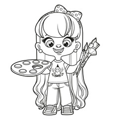 Cute cartoon long haired girl holding the palette with paints and brushes in hands outlined for coloring page on a white background
