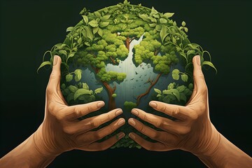 Unity with Nature, hands, holding, lush green earth, captivating illustration