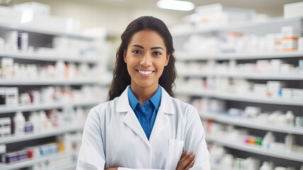  Friendly Female Pharmacist in Modern Pharmacy - obrazy, fototapety, plakaty