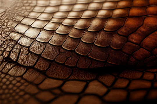 Close-up of brown crocodile skin texture. The skin is smooth and shiny, with a natural reptilian pattern. This image is perfect for a variety of uses, including fashion, luxury goods