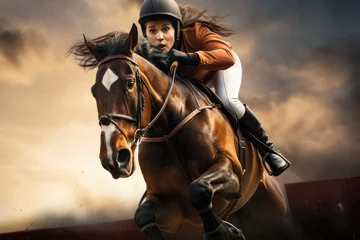 Foto op Canvas Young female jockey on horse leaping over hurdle © FryArt Studio