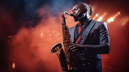 Black jazz performer plays the saxophone