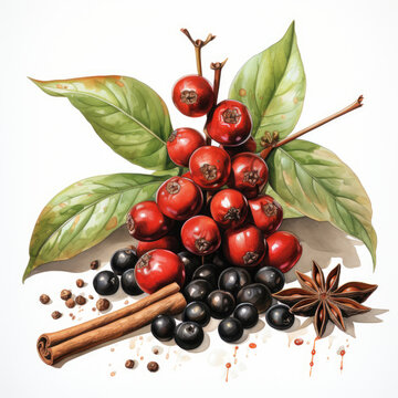 red berries, green leaves, spices on white clip art preview