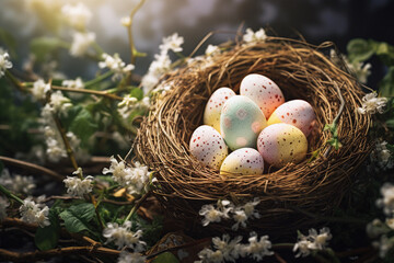 Naklejka na ściany i meble Colorful Easter eggs in a nest in the beautiful forest background with white flowers. Top view spring backdrop with copy space.