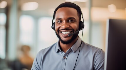 Young man agent with headsets working in a call centre. - obrazy, fototapety, plakaty