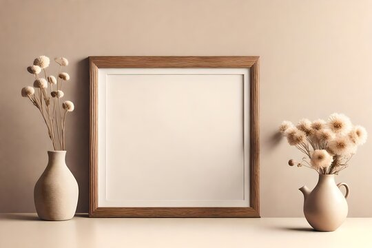 Empty wooden picture frame mockup hanging on beige wall background. Boohoo-shaped vase, dry flowers on table. 