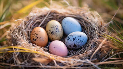 A nest of dry hay with pastel colorful Easter eggs, lying in the green grass. Natural Easter decoration.