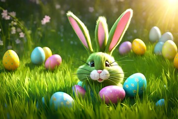 Easter bunny toy, green grass with painted eggs, sunny day, egg hunt, Happy Easter banner background 