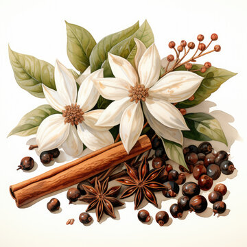 white flowers, cinnamon sticks, spices arrangement clip art preview