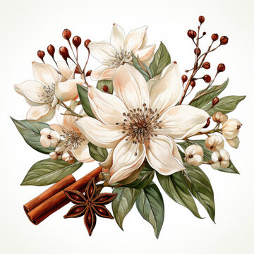 white flowers arrangement with cinnamon sticks clip art preview
