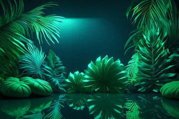 Fototapeta na wymiar Green and Blue Neon Light with Tropical Leaves 3d render 