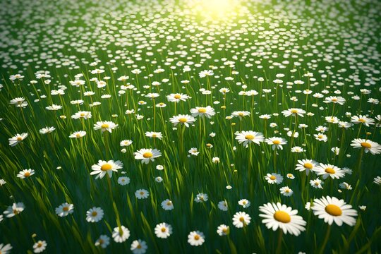 Field of green grass and blooming daisies and dandelions, a lawn in spring 3d render