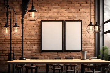 Front view blank black menu frame on brick wall with lamp in loft café interior, mockup 3d...