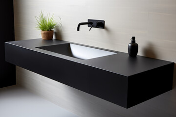 A compact powder room featuring an integrated sink and countertop made from a single piece of engineered stone. The design is ultra-minimalist, with clean lines and a hidden drain.