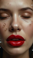 Fototapeta premium Woman closing eye with red lipstick and water drop on her face 