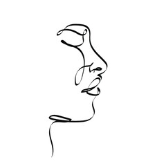 Continuous one simple single abstract line drawing of human face in silhouette on a white background. Linear stylized.
