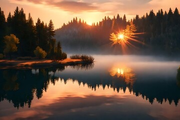 Beautiful sunset on the lake with reflection in water. Nature background 3d render