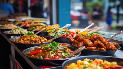 Close-up of an array of freshly prepared dishes at a food market, showcasing a variety of textures and colors with a shallow depth of field.