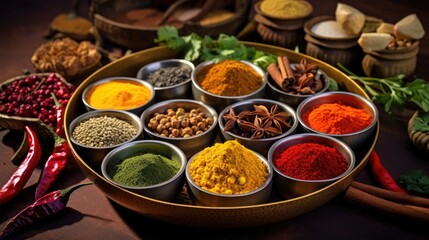 An array of spices in a wheel of bowls against a dark background, with star anise, turmeric, and red chili peppers adding to the assortment.
