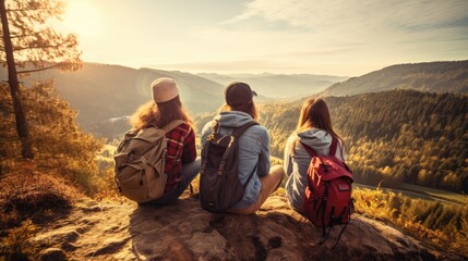 Four friends with backpacks relaxing and admiring the sunset over a lush forested valley, experiencing the beauty of nature and serenity of the moment.