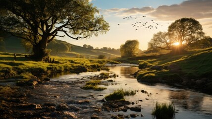 A serene countryside scene at dawn