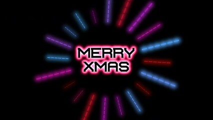 Modern Merry XMAS text with neon lines on black gradient, motion abstract minimalism, holidays and winter style background