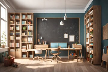 Children's study room at home. Modern spacious interior with desk, chair, bookshelves, chalkboard, and laminate flooring.