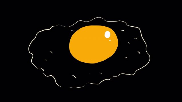 Cartoon broken egg on a black screen. Animation of frying eggs in 4K with alpha channel. Sizzling yolk and white.