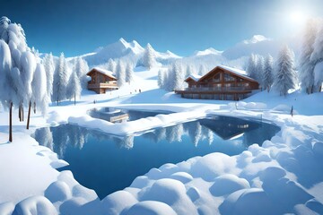 ski resort in winter 3d render - obrazy, fototapety, plakaty