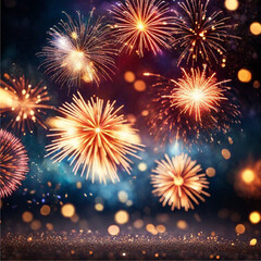 Fototapeta premium fireworks explosion in the sky at celebration with golden bokeh lights in the background | Generative AI