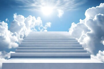 Fototapeta premium Stairway to Heaven.Stairs in sky. Concept with sun and white clouds. Concept Religion background