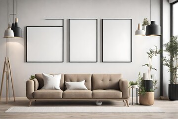 Three mock up posters frame on wall in modern interior background, living room. Books vase lamp on cabinet.
