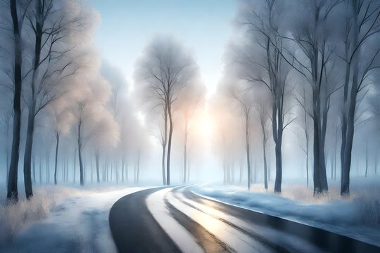Road with frost-covered trees in winter forest at foggy sunrise. 3d render