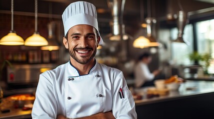 A real male chef smiles happily