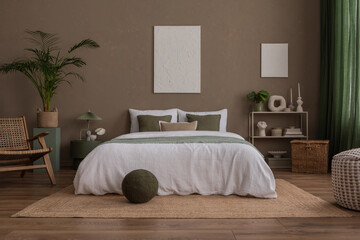 Aesthetic composition of stylish bedroom interior with mock up poster frame, cozy bed, braided...