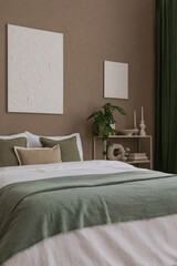 Interior design of warm bedroom interior with mock up poster frame, white and green bedding, beige rack, brown wall, plant in flowerpot, books and personal accessories. Home decor. Template.