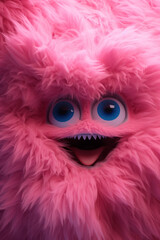 Obraz premium pink fluffy wall with very big blue eyes and open mouth very happy emotions created with Generative Ai