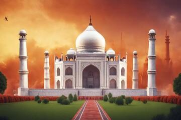 The iconic Taj Mahal, and incorporating elements of celebration and joyous smoke for a truly memorable image. - obrazy, fototapety, plakaty
