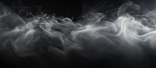 View of beautiful swirling gray smoke, abstract fog panorama. moving fog on black background