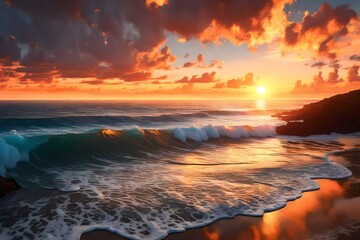 Fototapeta na wymiar a painting of a sunset over the ocean with waves crashing on the shore and clouds in the sky over the ocean and the beach area 3d render